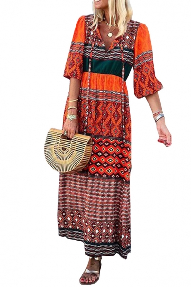 Womens Fashion V-Neck Half Sleeve Tie Tribal Print A-Line Boho Maxi Dress