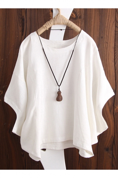 Womens Hot Fashion Round Neck Drop Sleeve Elastic Cuff Casual Loose Cotton Linen T Shirt