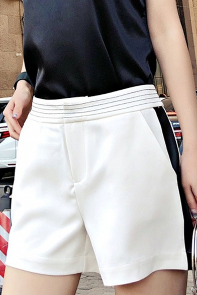 Womens Hot Popular Midi Waist Striped Side Pocket Eyelet Embellished PU Patch Shorts