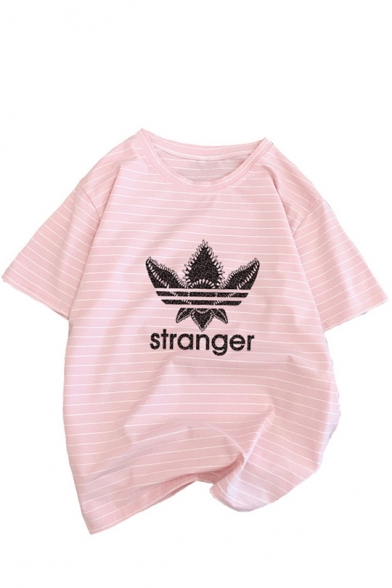 Womens Hot Stylish Striped Short Sleeve Round Neck Stranger Letter Floral Printed Cotton T-Shirt