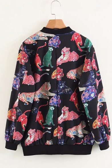 Womens New Fashion Colorful Animal Tiger Print Stand Collar Black Zip Jacket