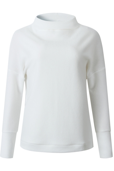 Womens Simple White Plain Half Turtleneck Drop Sleeve Sweater