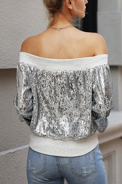 Womens Stylish Silver Long Sleeve Zip Up Sequined Off Shoulder Jacket