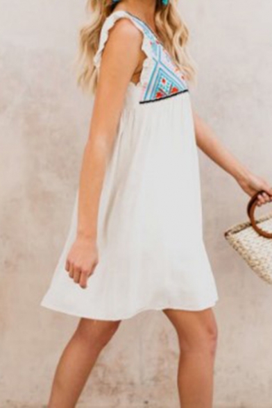 Womens Summer Holiday V-Neck Sleeveless Mini White Swing Dress