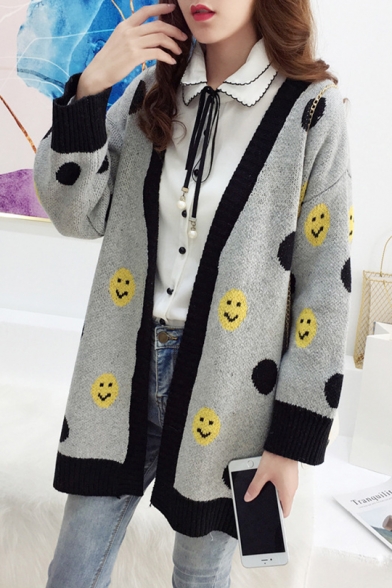 Womens Trendy Campus Style Smiling Face Print Drop Sleeve Midi Cardigan