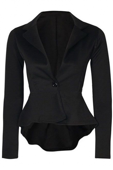 Womens Trendy Solid Color Notched Lapel Collar Single Button Dipped Ruffled Hem Slim Blazer Jacket