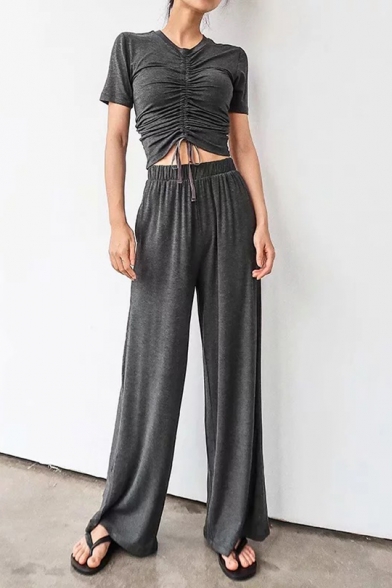 Womens Unique Plain Drawstring Ruched Crop Tee with Wide-Leg Pants Sport Loose Two-Piece Set