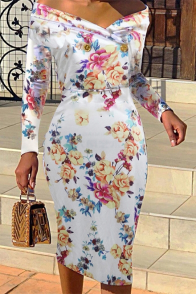 Womens Vintage Floral Pattern Off Shoulder Long Sleeve Midi Bodycon Dress