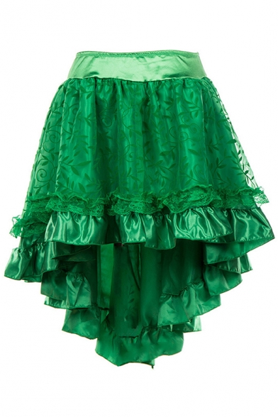 Womens Vintage Leaf Printed Lace Trim Mini Asymmetrical Ruffled Skirt