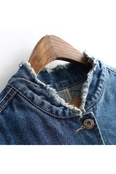 YOURSELF Arrow Pattern Print Flip Pockets with Press Buckle Denim Raw Edges Jacket Coat