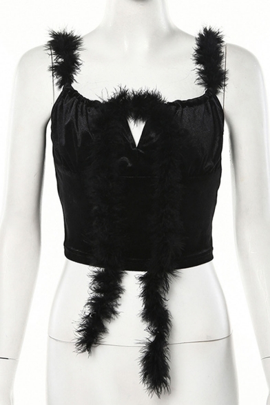 Black Straps Sleeveless Fur Trimmed Embellished Sexy Cropped Cami Top