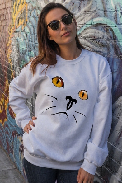 Cat Printed Long Sleeve Round Neck Casual Leisure Pullover Sweatshirt