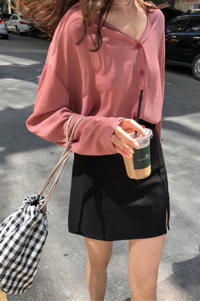 Chic Solid Color Long Sleeve V Neck Button Front Casual Loose Lady Office Shirt