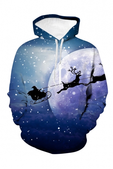 Christmas New Fashion Snowflake Elk 3D Printed Blue Long Sleeve Pullover Casual Loose Hoodie