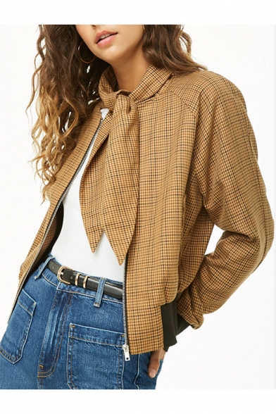 Classic Check Plaids Tie Collar Long Sleeve Flap Pocket Zip Up Yellow Cropped Bomber Jacket