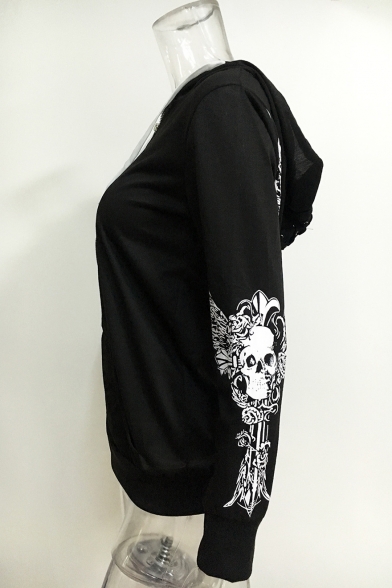 Cool Black Skull Printed Long Sleeve Zip Up Hoodie With Pocket