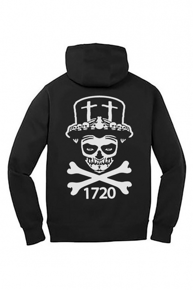 Cool Fashion Letter 1720 Skull Printed Black Long Sleeve Hooded Sports Hoodie