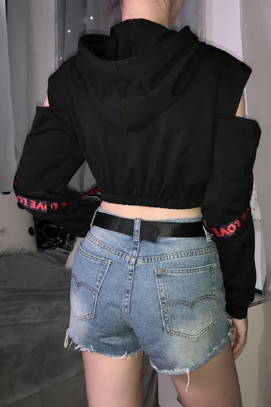 Cool Punk Style Black Letter Strap Chain Embellished Cold Shoulder Long Sleeve Crop Hoodie