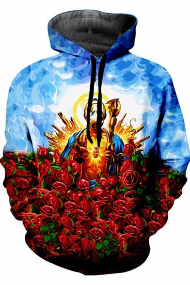 Cool Unique 3D Game Rose Floral Buddha Printed Long Sleeve Loose Sport Blue Hoodie