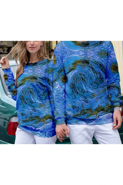 Couple 3D Blue Vortex Tie Dye Printed Round Neck Long Sleeve Pullover Sweatshirt