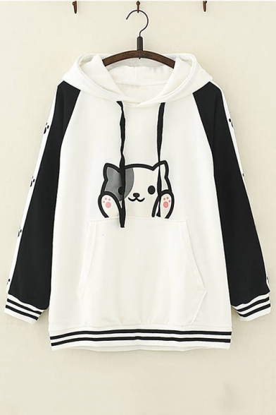Cute Cat Embroidered Color Block Stripe Long Sleeve Pullover Casual Hoodie With Pocket
