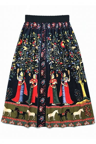Ethnic Style Elastic Waist Floral Figure Tribal Printed Mysterious Vintage Cotton Linen Midi A-Line Skirt