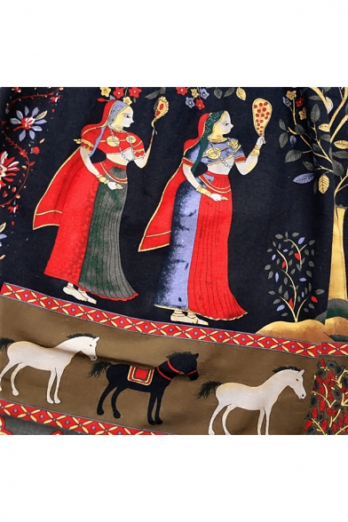 Ethnic Style Elastic Waist Floral Figure Tribal Printed Mysterious Vintage Cotton Linen Midi A-Line Skirt