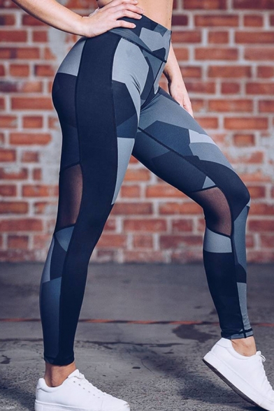 Fashion Camo Printed Sheer Mesh Panel High Rise Skinny Fit Yoga Leggings Pants