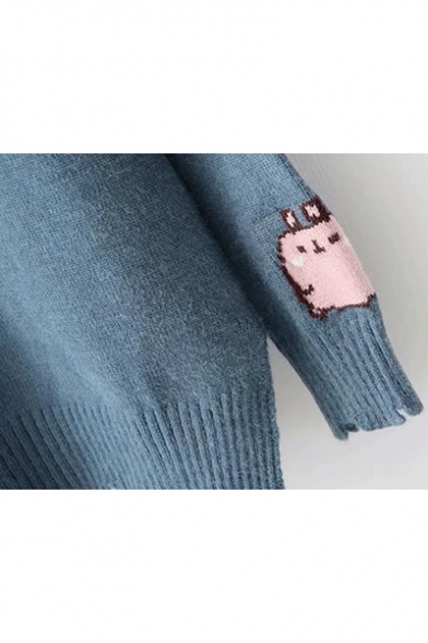Fashion Long Sleeve V Neck Single Breasted Cartoon Embroidered Asymmetric Hem Knitted Cardigan
