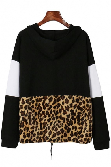 Fashionable Long Sleeve Colorblock Leopard Printed Zippered Loose Hoodie