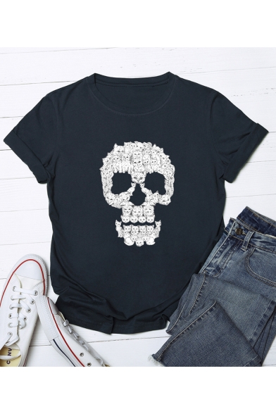 Girls New Trendy Skull Printed Round Neck Short Sleeve Cotton Tee