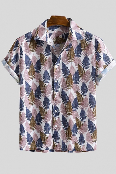 Guys Summer Tropical Leaf Printed Short Sleeve Lapel Collar Casual Loose Hawaiian Beach Shirt