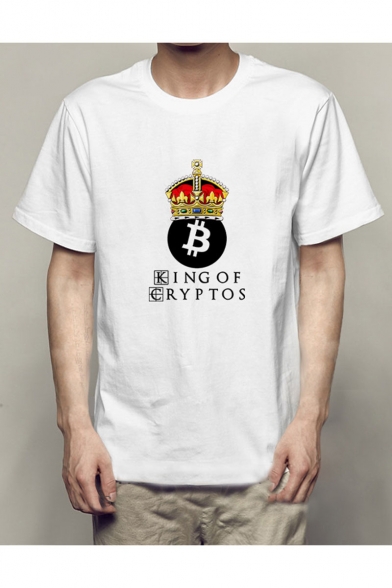 Guys Unique Bitcoin Letter KING OF CRYPTOS Print Short Sleeve Round Neck T-Shirt