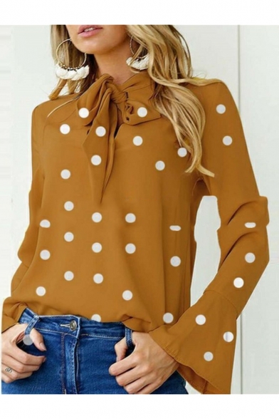 Hot Fashion Polka Dot Printed Knotted Front Bell Long Sleeve Blouse Top