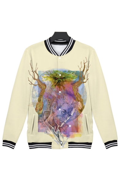 Hot Popular Swamp Thing Pattern Stand Collar Long Sleeve Beige Baseball Jacket