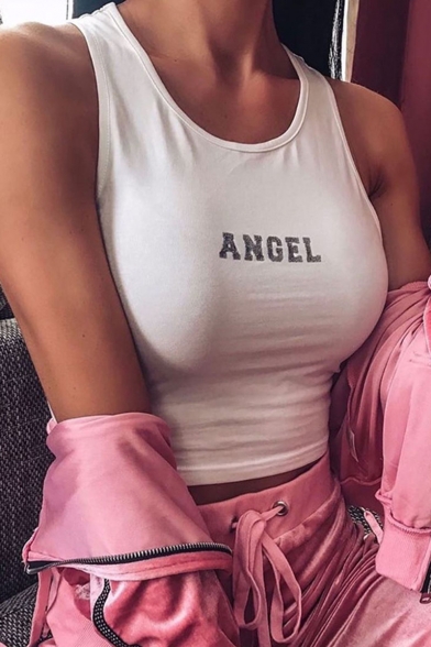 Hot Popular White Sleeveless ANGEL Letter Slim Fitted Crop Tank Tee