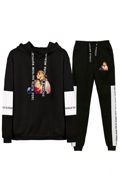 Autumn Winter Comic Print Long Sleeve Hoodie Top with Drawstring Sweatpants Two Piece Set
