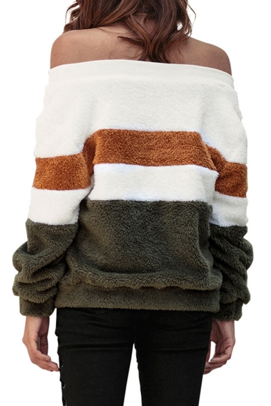 Hot Sexy Off Shoulder Long Sleeve Colorblock Striped Printed Fluffy Fleece Pullover Sweatshirt