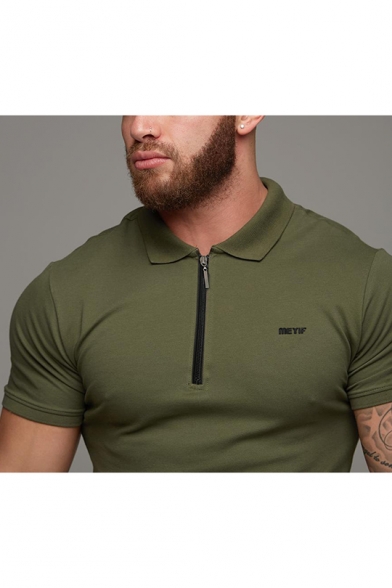 Hot Stylish Mens Short Sleeve Half-Zip Collar Letter Logo Cotton Slim Fit Polo T Shirt