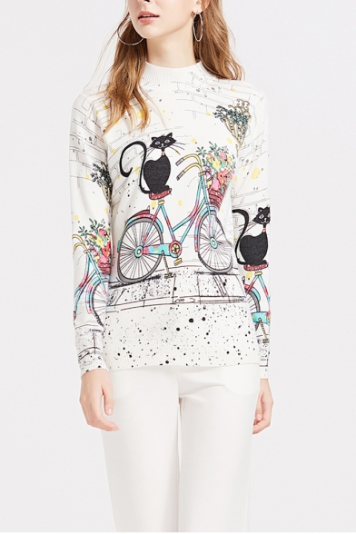 Ladies Cute Cat and Bike Cartoon Graffiti Print Round Neck Drop Sleeve Sweater