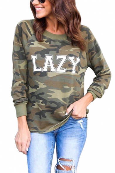 

LAZY Letter Camouflage Print Round Neck Pullover Sweatshirt, LM554449