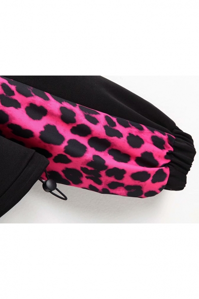 Leopard Panel Lapel Collar Half-Zip Closure Big Flap Pocket Black Track Jacket