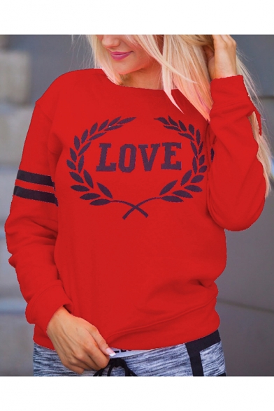 Letter LOVE Printed Round Neck Striped Long Sleeve Pullover Sweatshirt