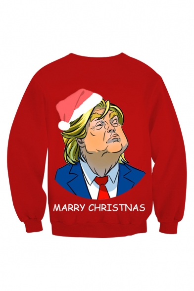 Marry Christmas Funny Trump 3D Printed Red Long Sleeve Round Neck Pullover Sweatshirt
