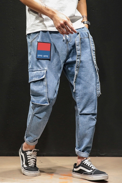 Men's New Fashion Letter Patchwork Ribbon Embellished Drawstring Waist Loose Tapered Jeans with Side Pocket