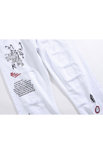 Men's New Fashion Letter Printed Embroidery Detail White Stretched Slim Fit Distressed Ripped Jeans