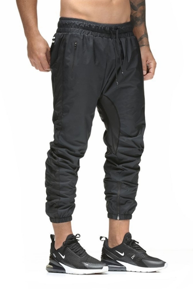 Men's Popular Fashion Simple Plain Zipped Pocket Drawstring Waist Black Casual Loose Track Pants