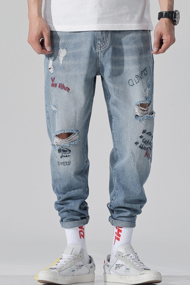 Men's Street Trendy Letter Printed Cool Damage Light Blue Ripped Jeans
