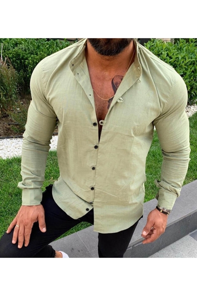 Mens Hot Fashion Basic Solid Color Long Sleeve Button Down Casual Linen Shirt