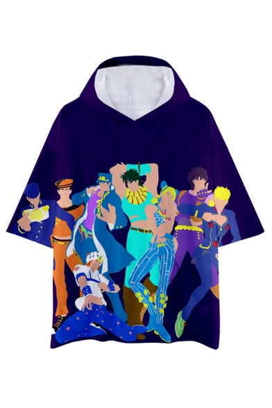 Mens Hot Popular Cartoon Figure Print Short Sleeve Hooded Casual Purple T-Shirt